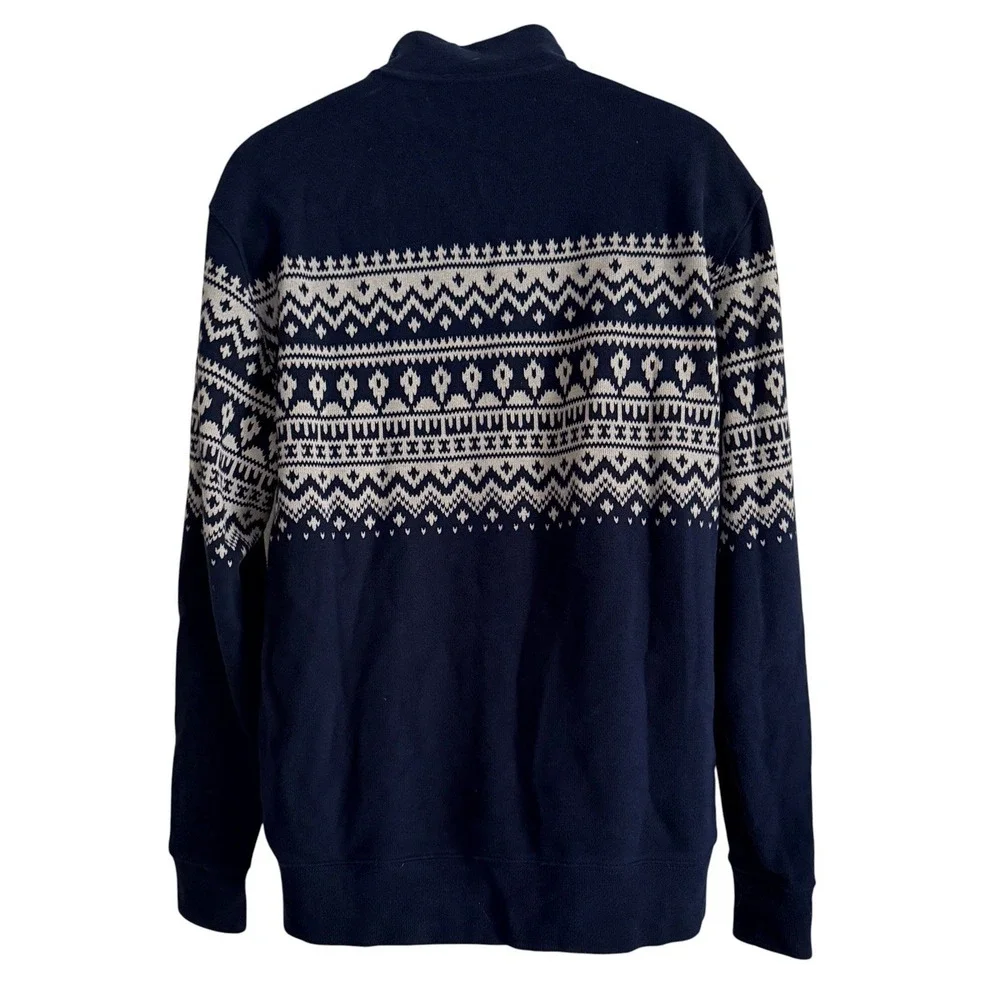 Lands End Men's L Fair Isle Nordic Quarter Zip Sweater Navy 100% Cotton 42-44